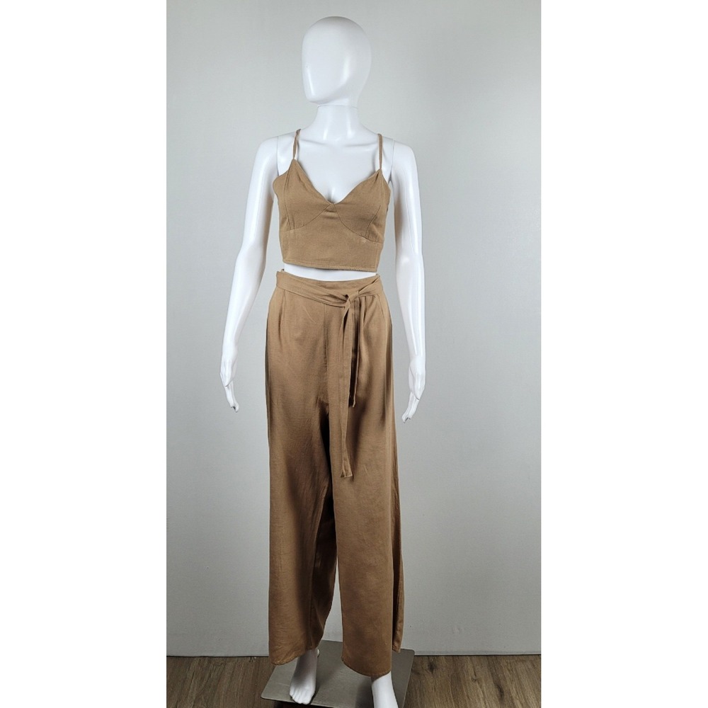 Japna Tan Two-Piece Pantsuit Cropped Top & Wide-Leg Pants